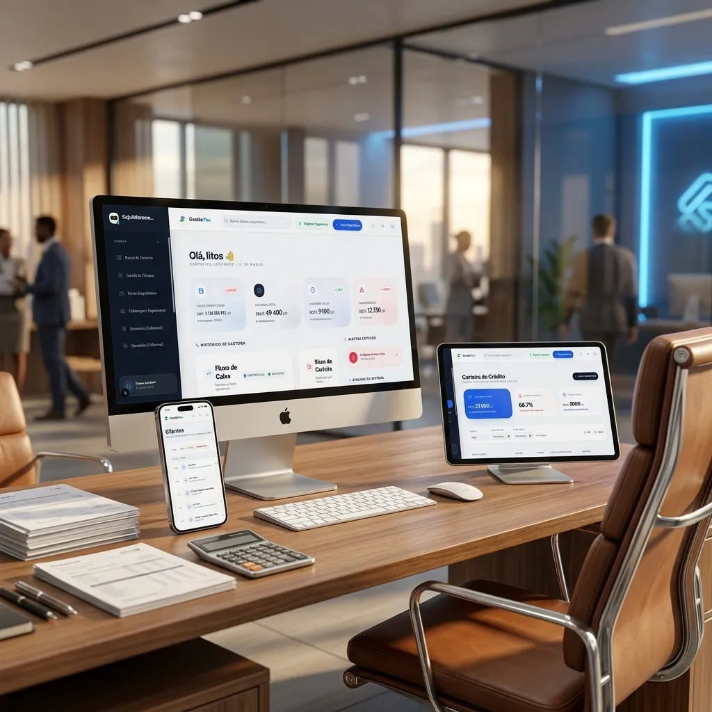 Interface do Dashboard GestãoFlex em dispositivos desktop e mobile demonstrando o ecossistema premium
